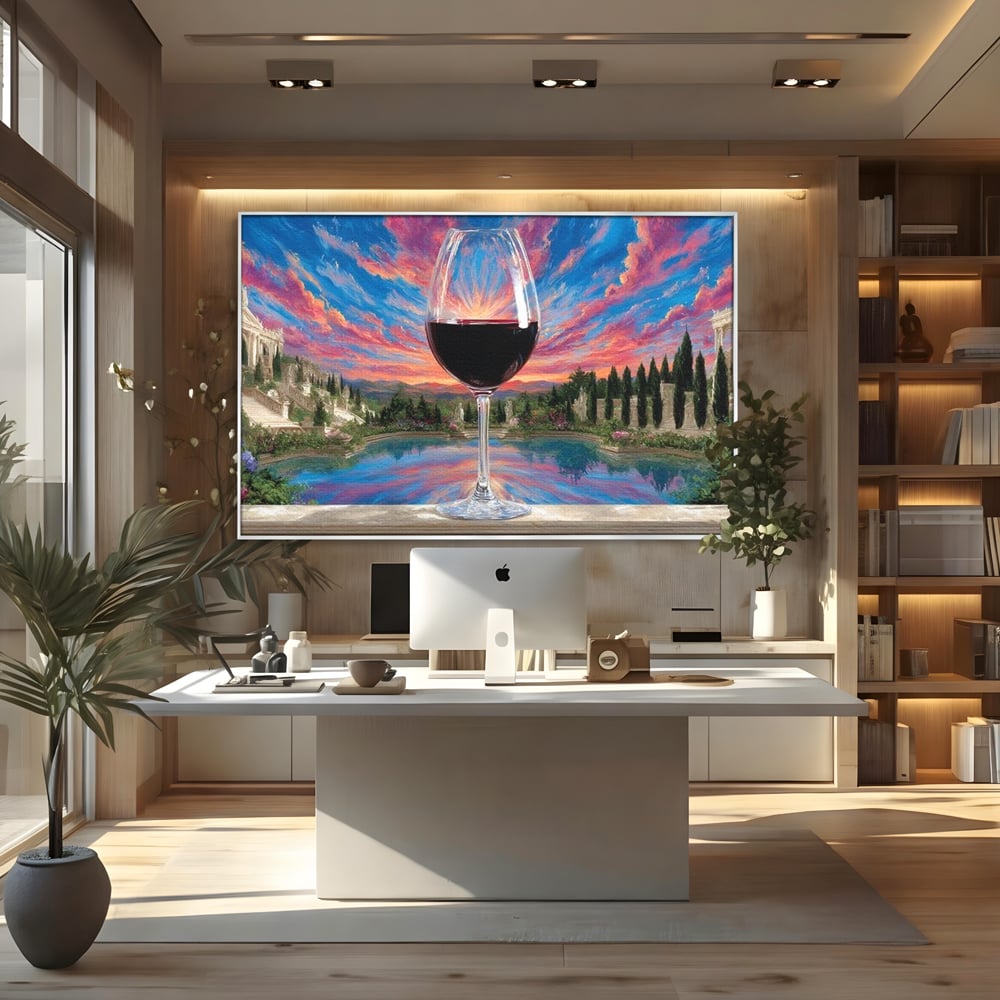Tablou canvas cu tablou canvas cu pahar de vin si apus, in rama de aluminiu argintiu, pe perete intr-un birou